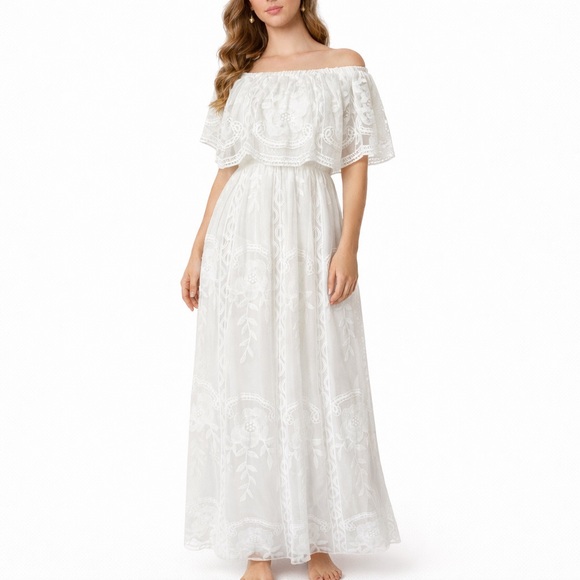 Dress Day Dresses & Skirts - White Boho Lace Off Shoulder Maxi Dress Embroidered Romantic Coastal Medium
